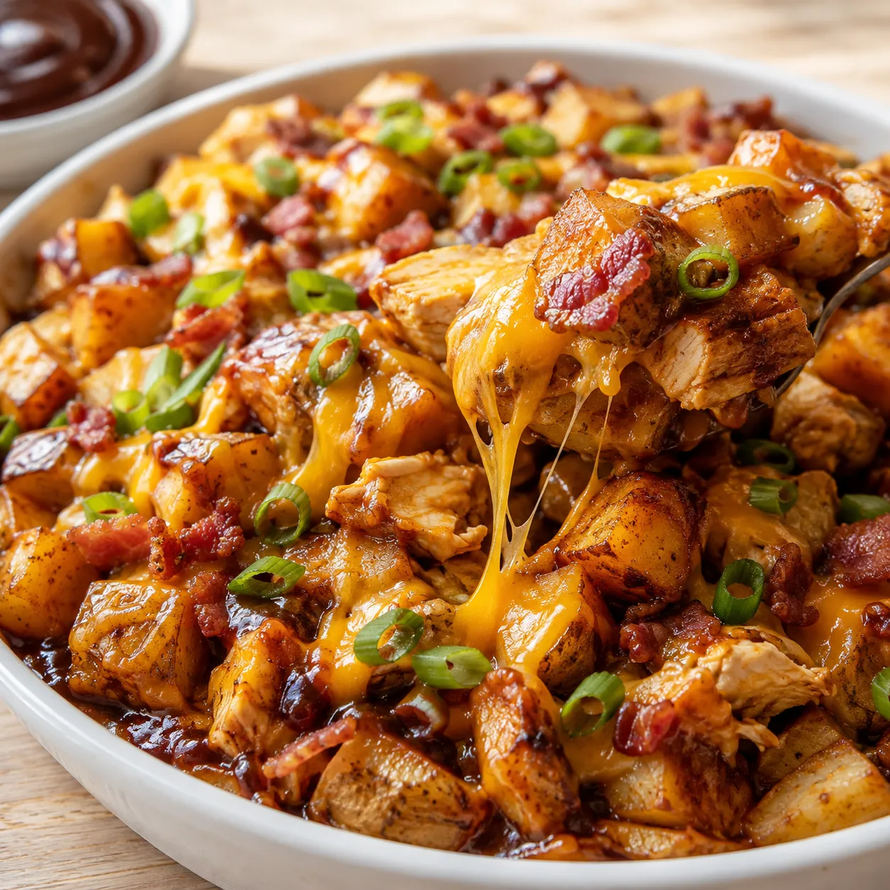 Cheesy BBQ chicken potatoes with melted cheddar, bacon, and green onions