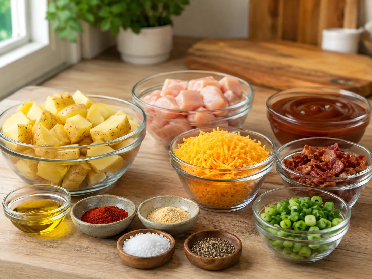 Ingredients for BBQ chicken potatoes with cheddar, bacon, and green onions