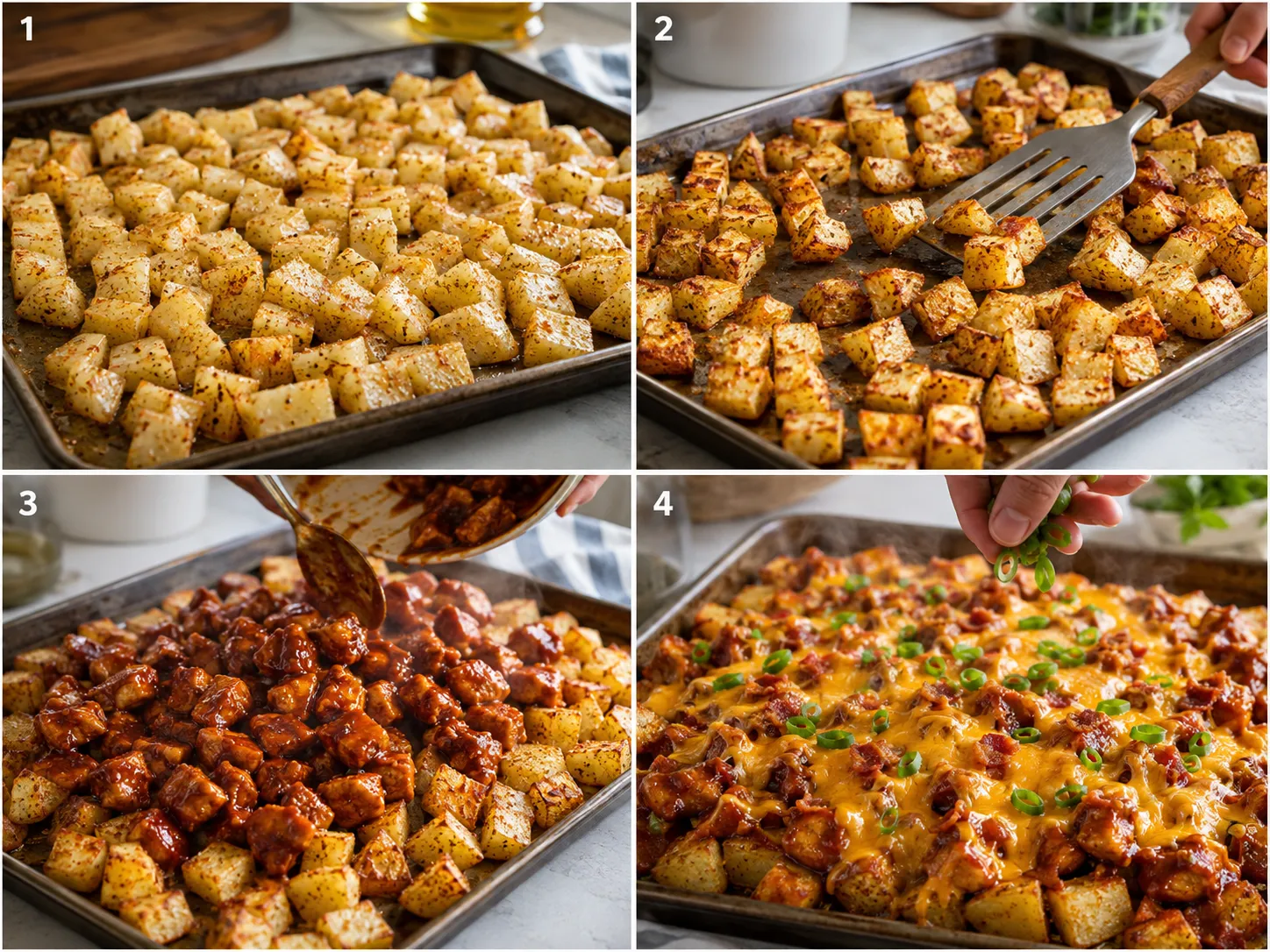 Four steps for making cheesy BBQ chicken potatoes on a sheet pan