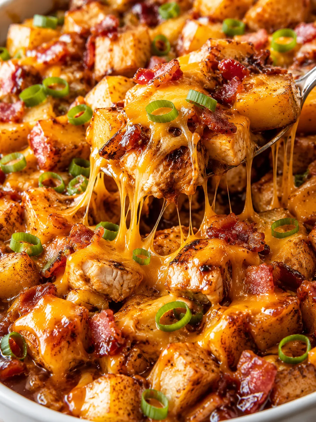 Loaded BBQ chicken potatoes with melted cheddar, bacon, and green onions