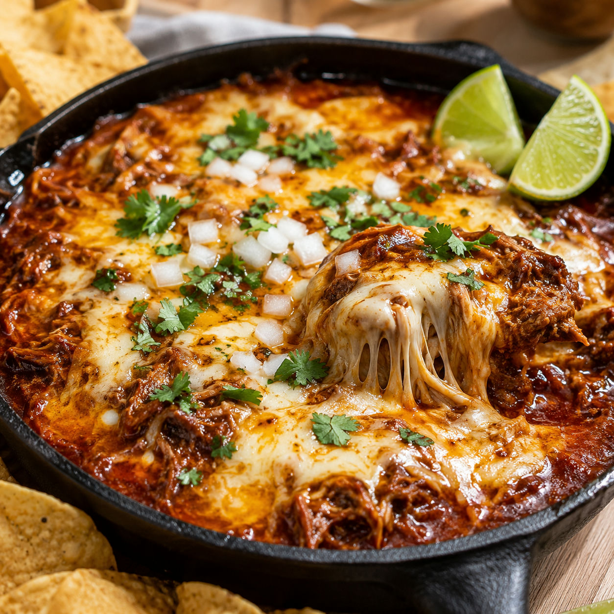 Cheesy beef birria dip in a skillet with cilantro, onion, lime, and chips