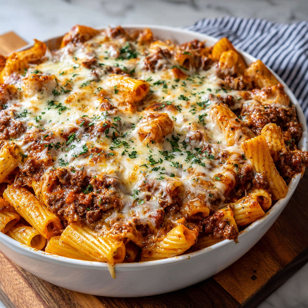 Cheesy Beef Rigatoni Bake with Creamy Tomato Sauce