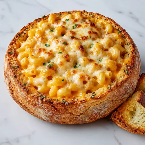 Cheesy bread bowl pasta with melted mozzarella and parsley