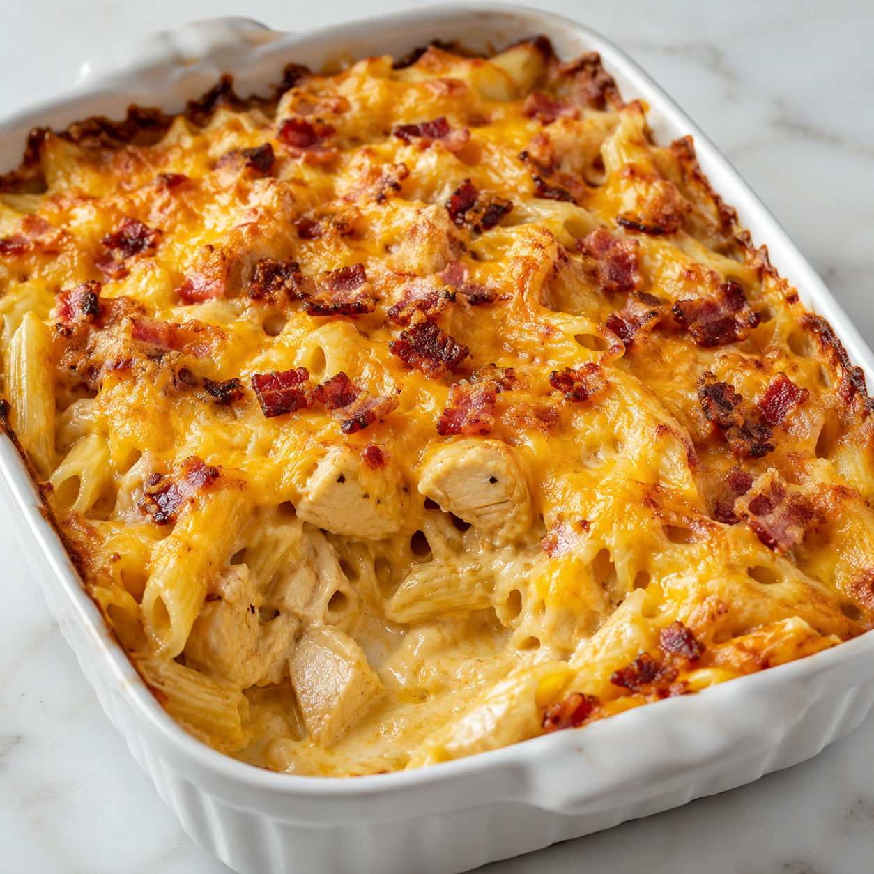 Cheesy chicken and bacon pasta bake in a white ceramic dish with golden bubbly cheese crust