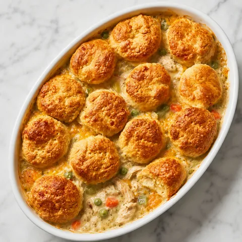 Cheesy chicken pot pie with golden biscuits in a white baking dish