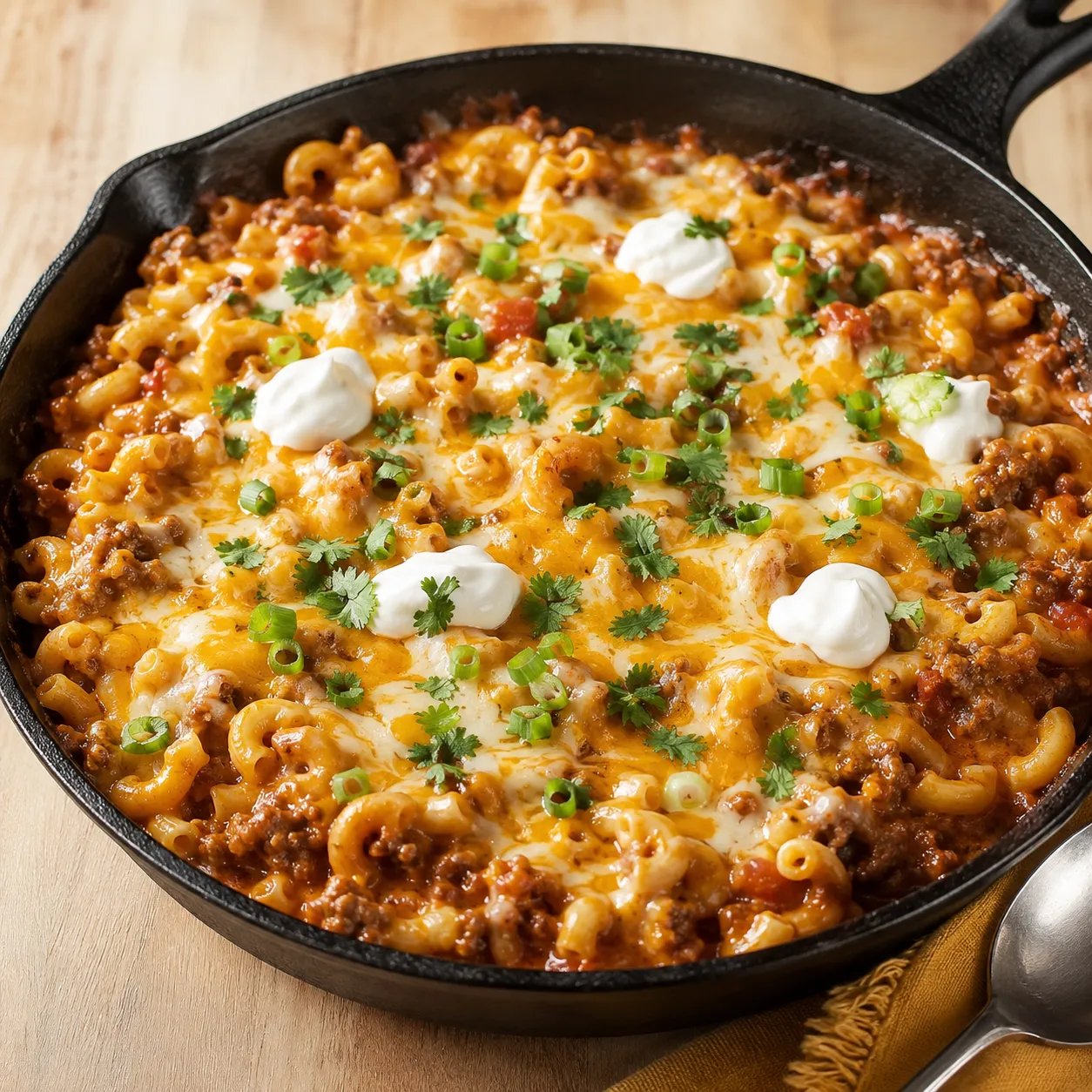Cheesy enchilada beef pasta skillet with melted cheese and cilantro