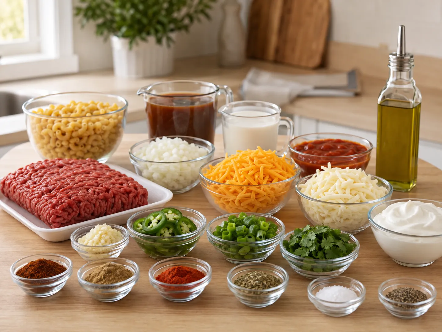 Ingredients for cheesy enchilada beef pasta arranged on a wood surface