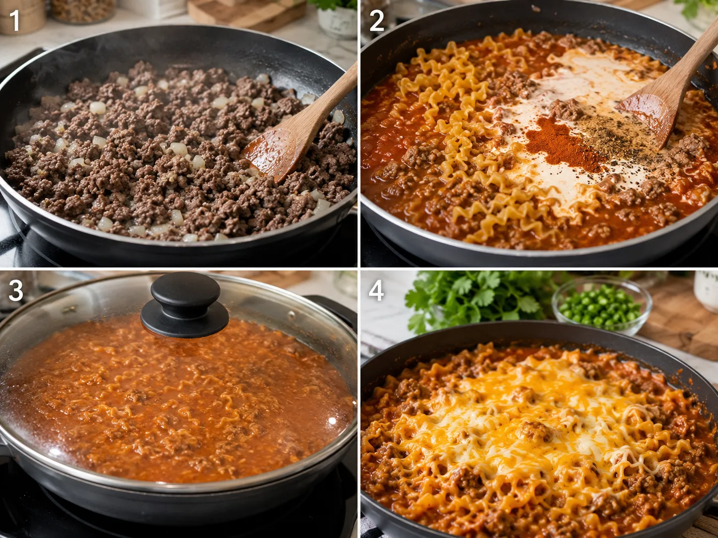 Four cooking steps for cheesy enchilada beef pasta in a skillet