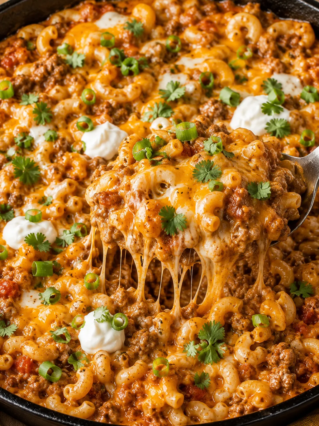 Cheesy enchilada beef pasta with sour cream and green onions