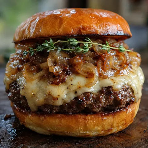 Cheesy French onion hamburger with melted Gruyère and caramelized onions on a toasted brioche bun