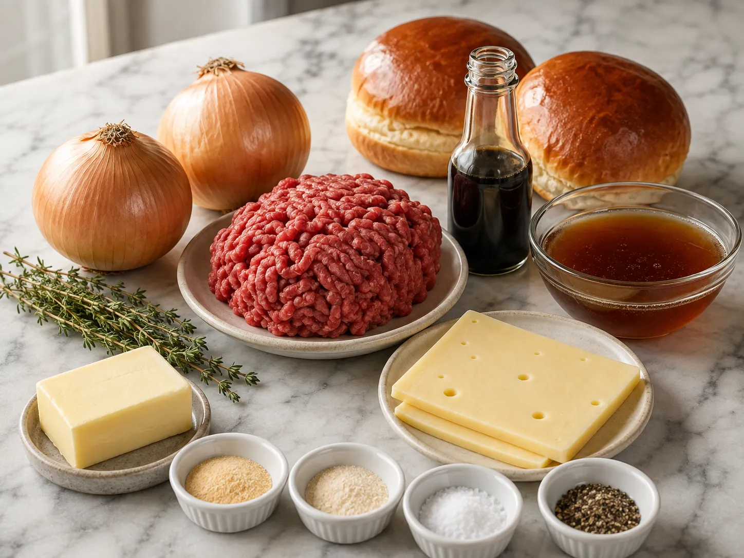 Raw ingredients for cheesy French onion hamburger on a marble surface