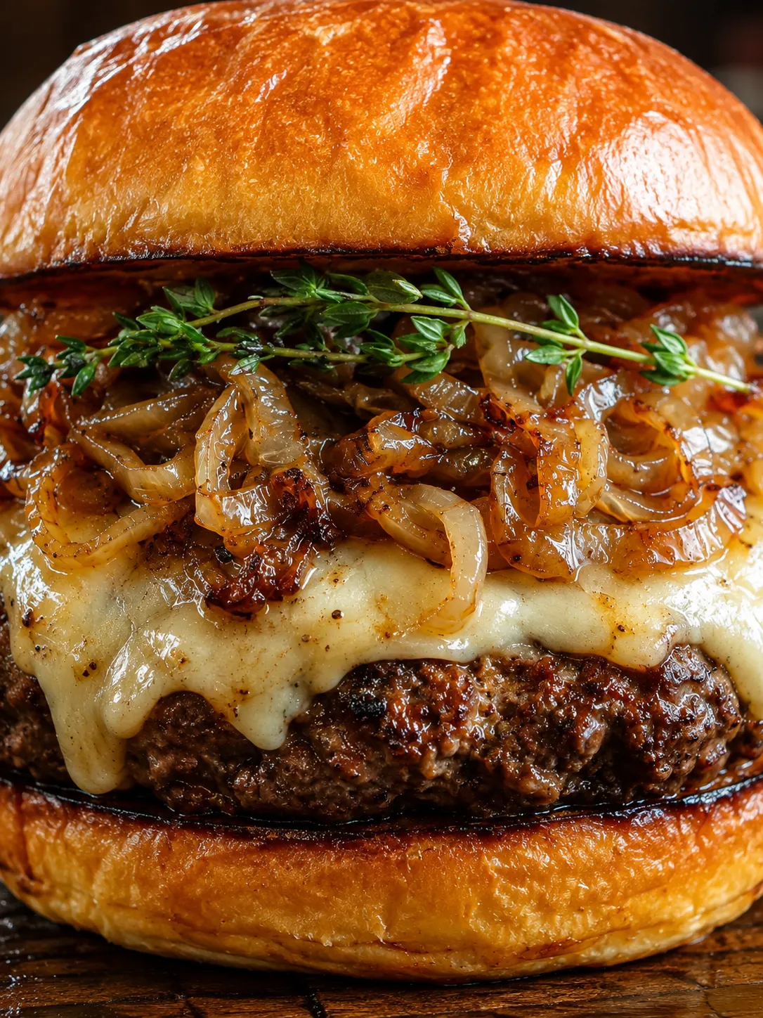 Cheesy French onion burger with melted Gruyère and caramelized onions on a brioche bun