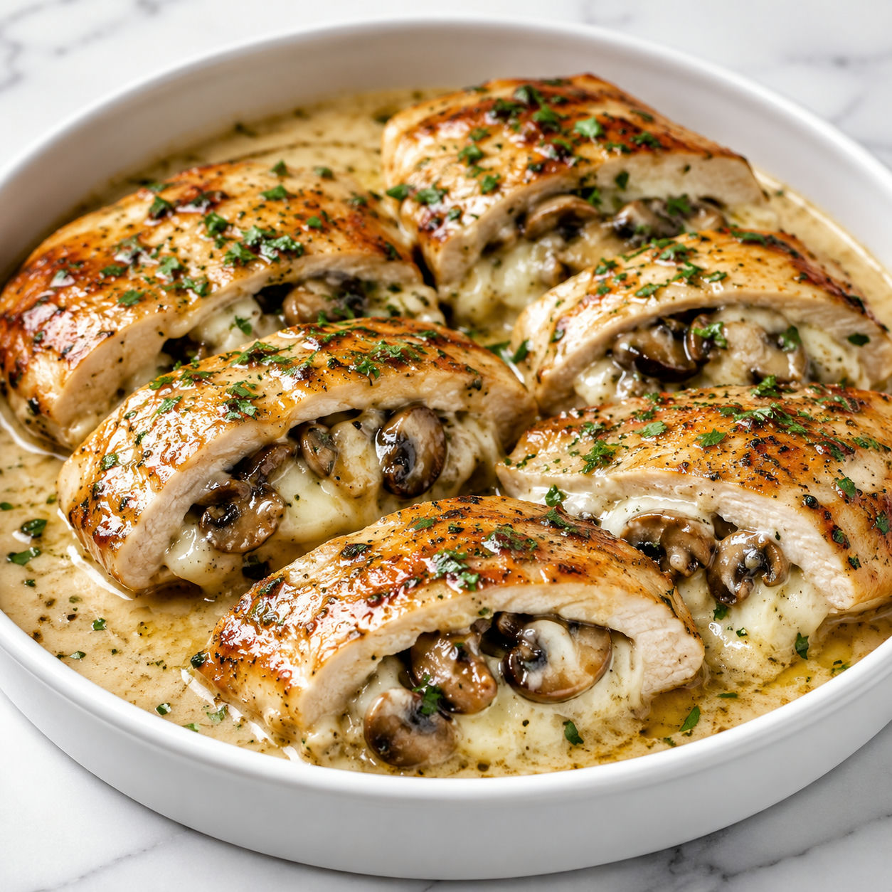 Cheesy mushroom stuffed chicken with creamy garlic parmesan sauce