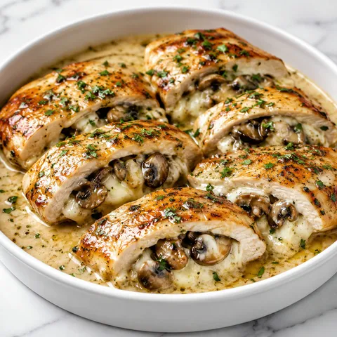 Cheesy mushroom stuffed chicken with creamy garlic parmesan sauce