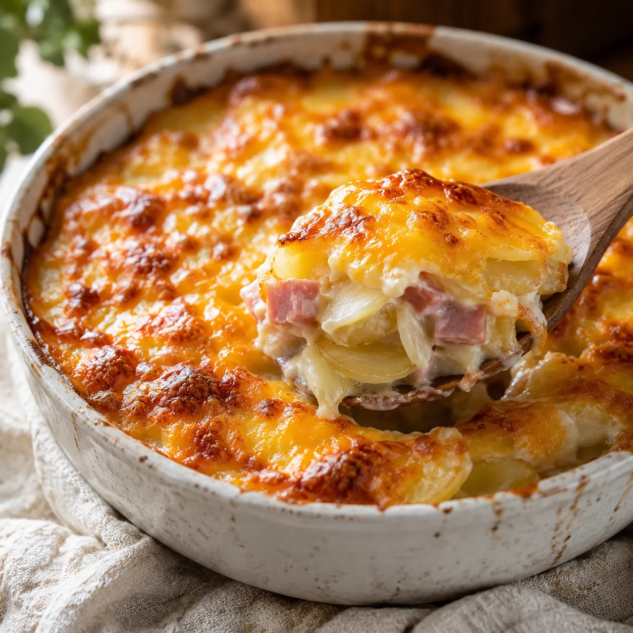 Cheesy ham potato casserole with golden cheddar crust in a white ceramic baking dish