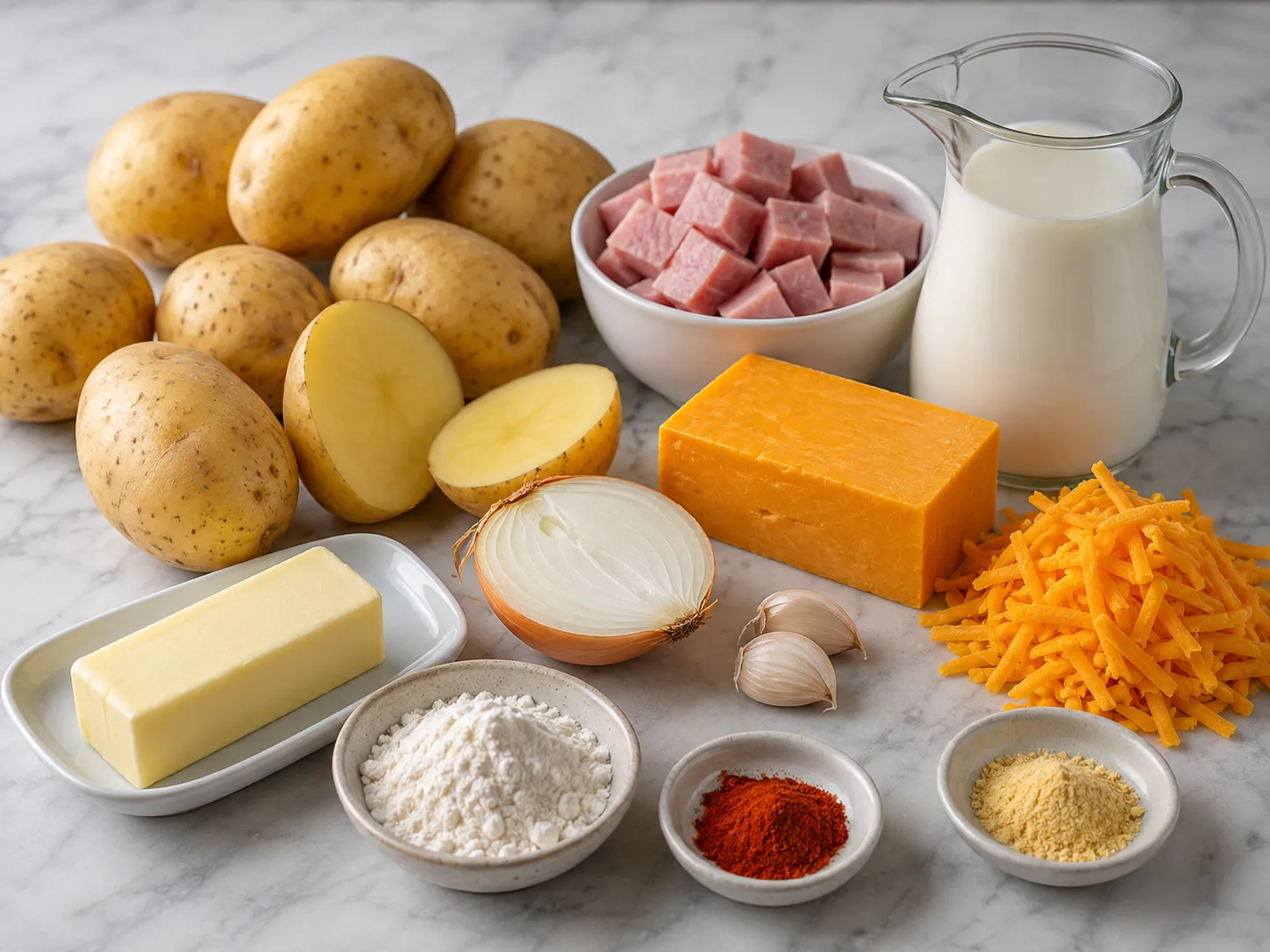 Raw ingredients for cheesy ham potato casserole including Yukon Gold potatoes, ham, and cheddar on marble