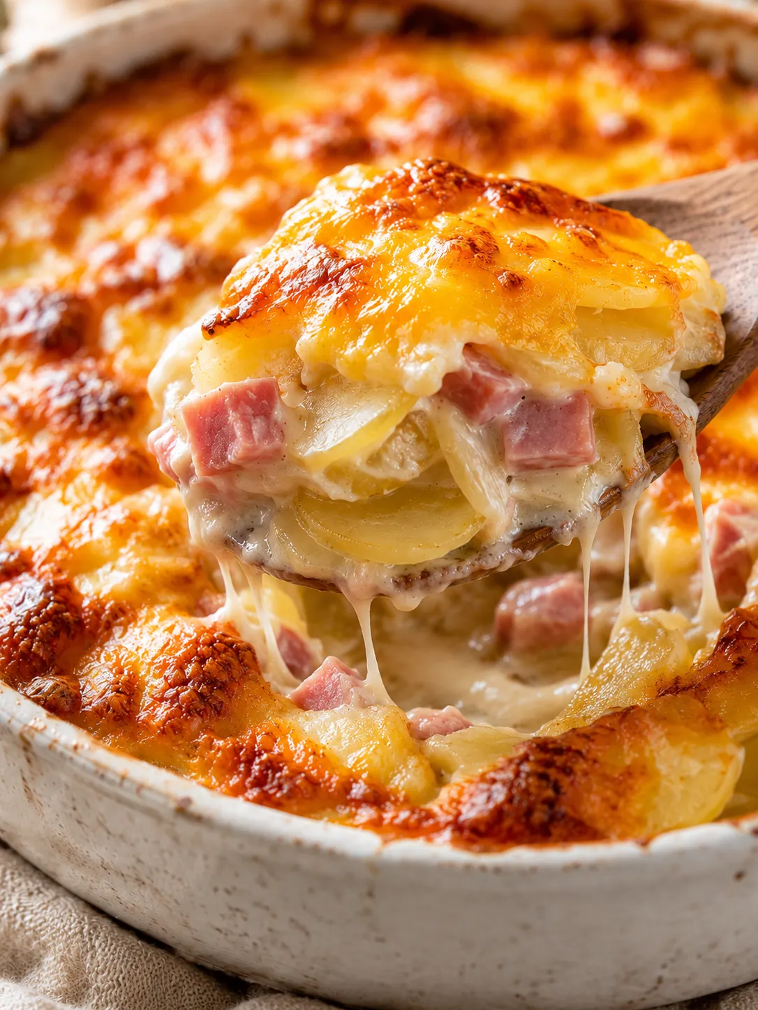 Close low-angle view of cheesy ham potato casserole with golden crust and creamy layers