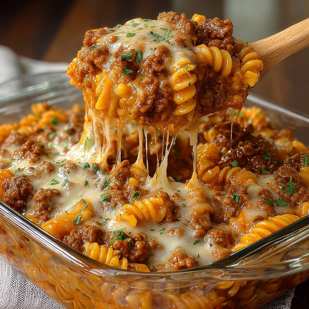 Cheesy Hamburger Casserole Tast stuffed with Pasta and Ground Beef