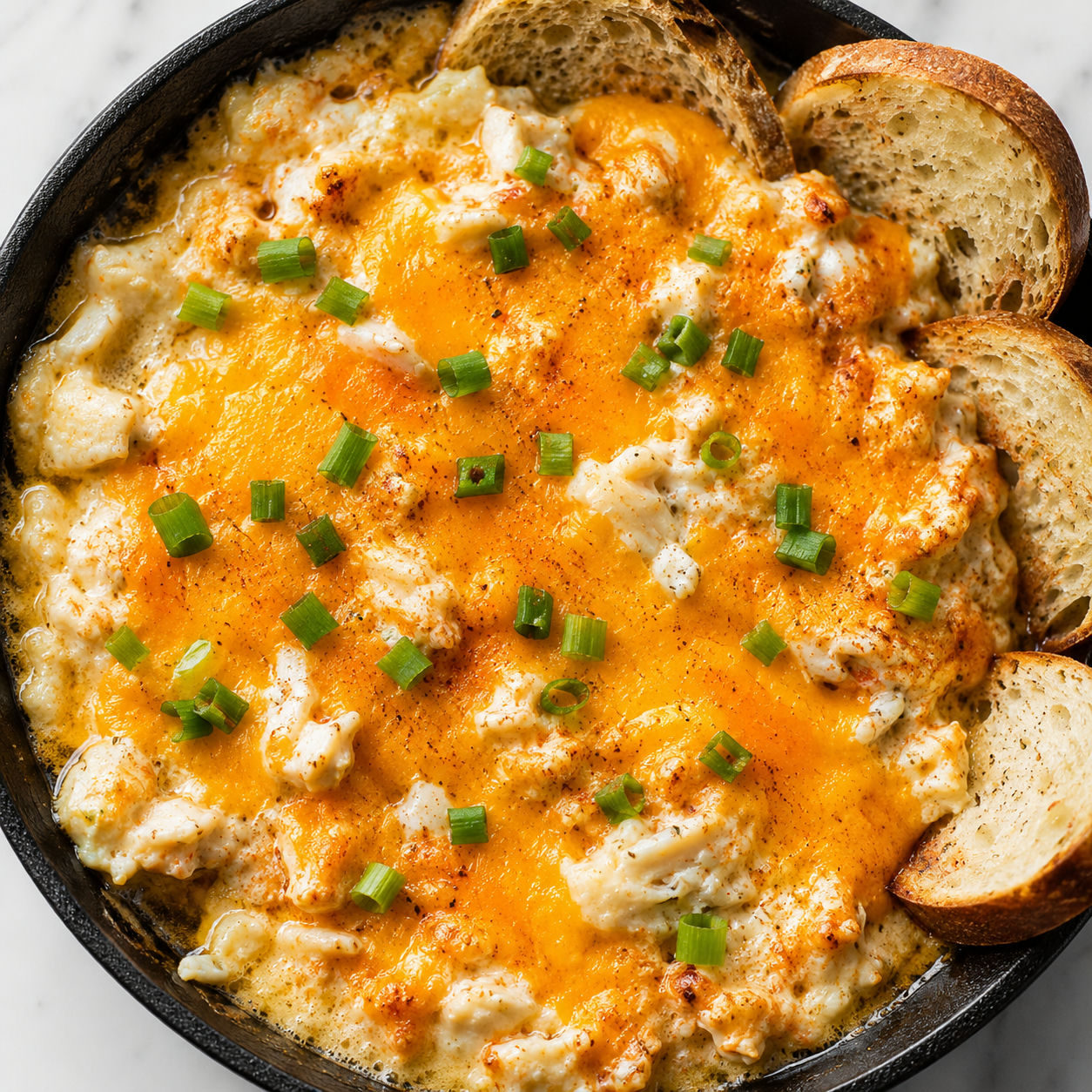 Cheesy hot crab dip with cheddar, scallions, and toasted baguette