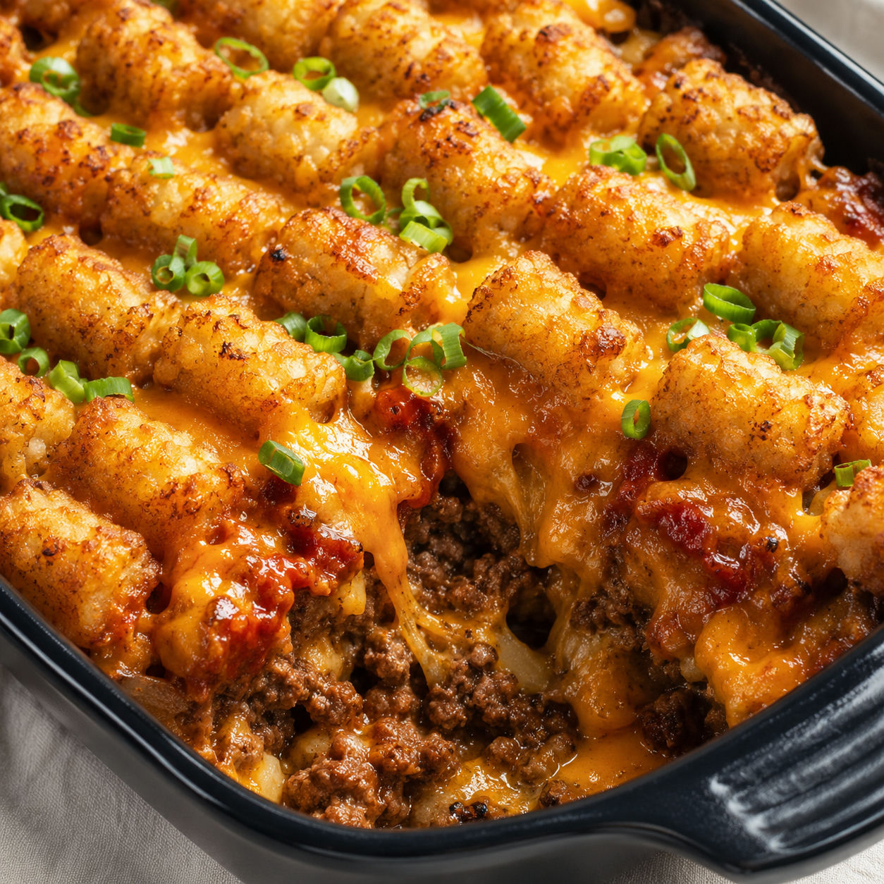 Cheesy meatloaf tater tot bake with melted cheddar in a black baking dish