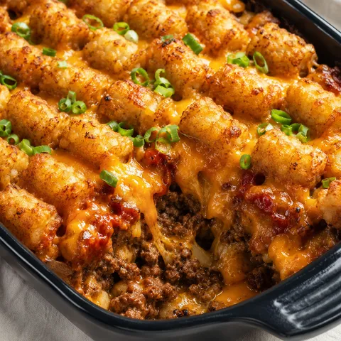 Cheesy meatloaf tater tot bake with melted cheddar in a black baking dish