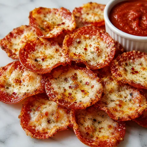 Crispy cheesy pepperoni pizza chips with melted mozzarella and a marinara dipping sauce