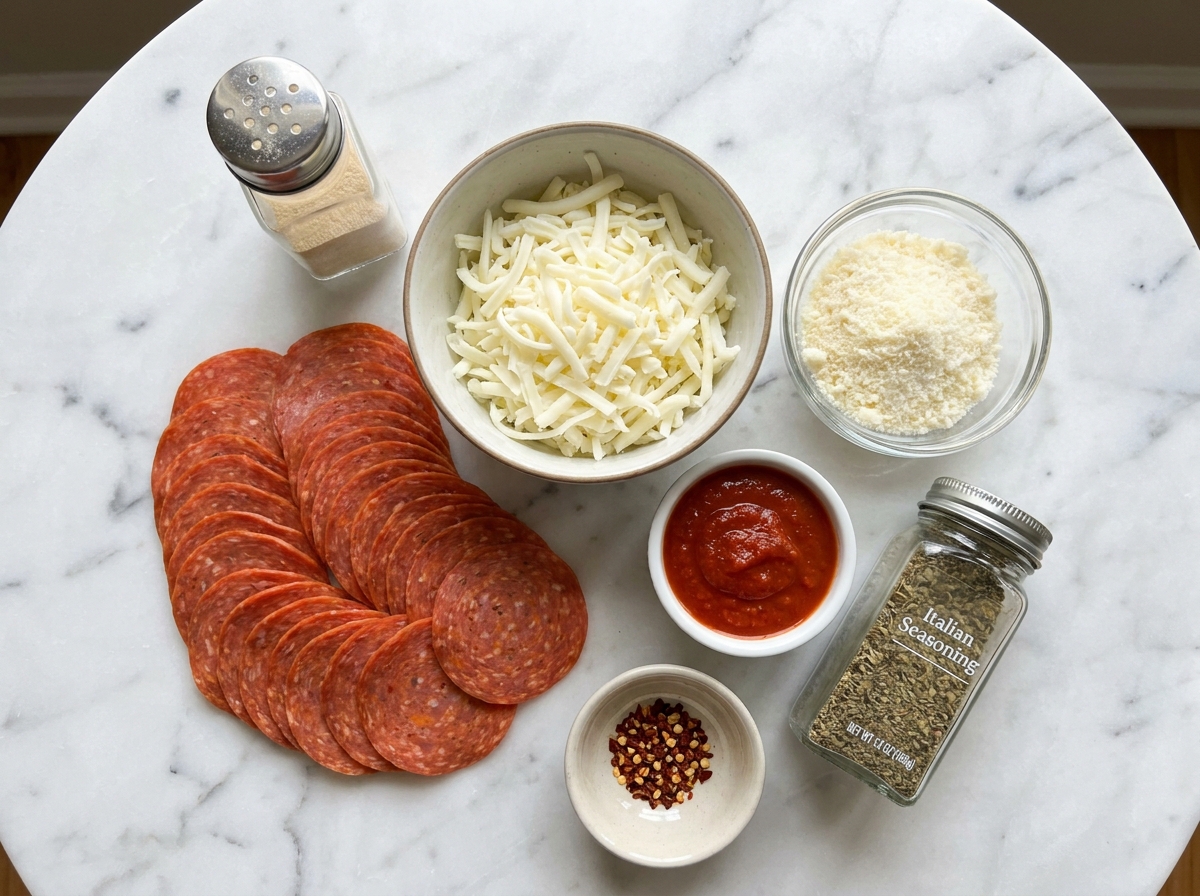 Ingredients for pepperoni pizza chips including pepperoni, mozzarella, parmesan, and marinara on marble