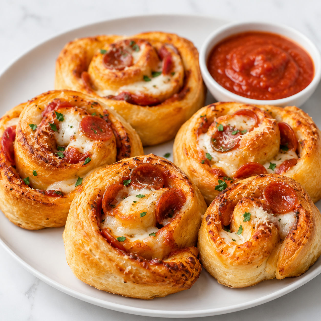 Cheesy pepperoni pizza roll-ups with marinara and parsley