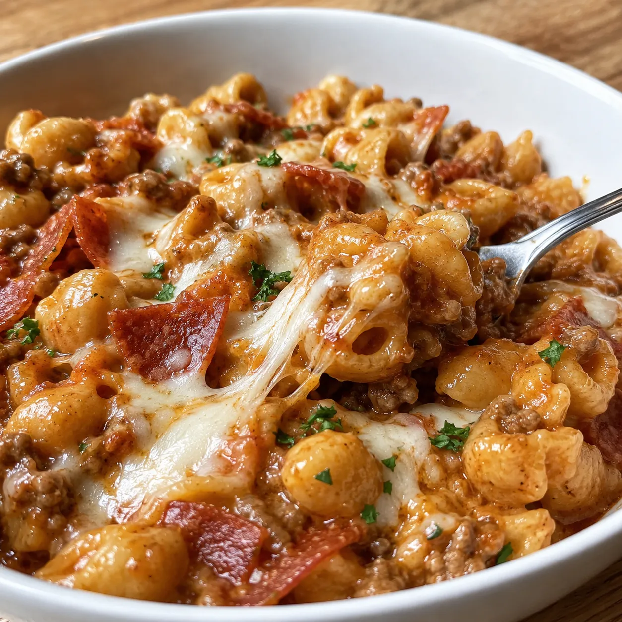 Cheesy Pizza Hamburger Helper with pepperoni and melted mozzarella
