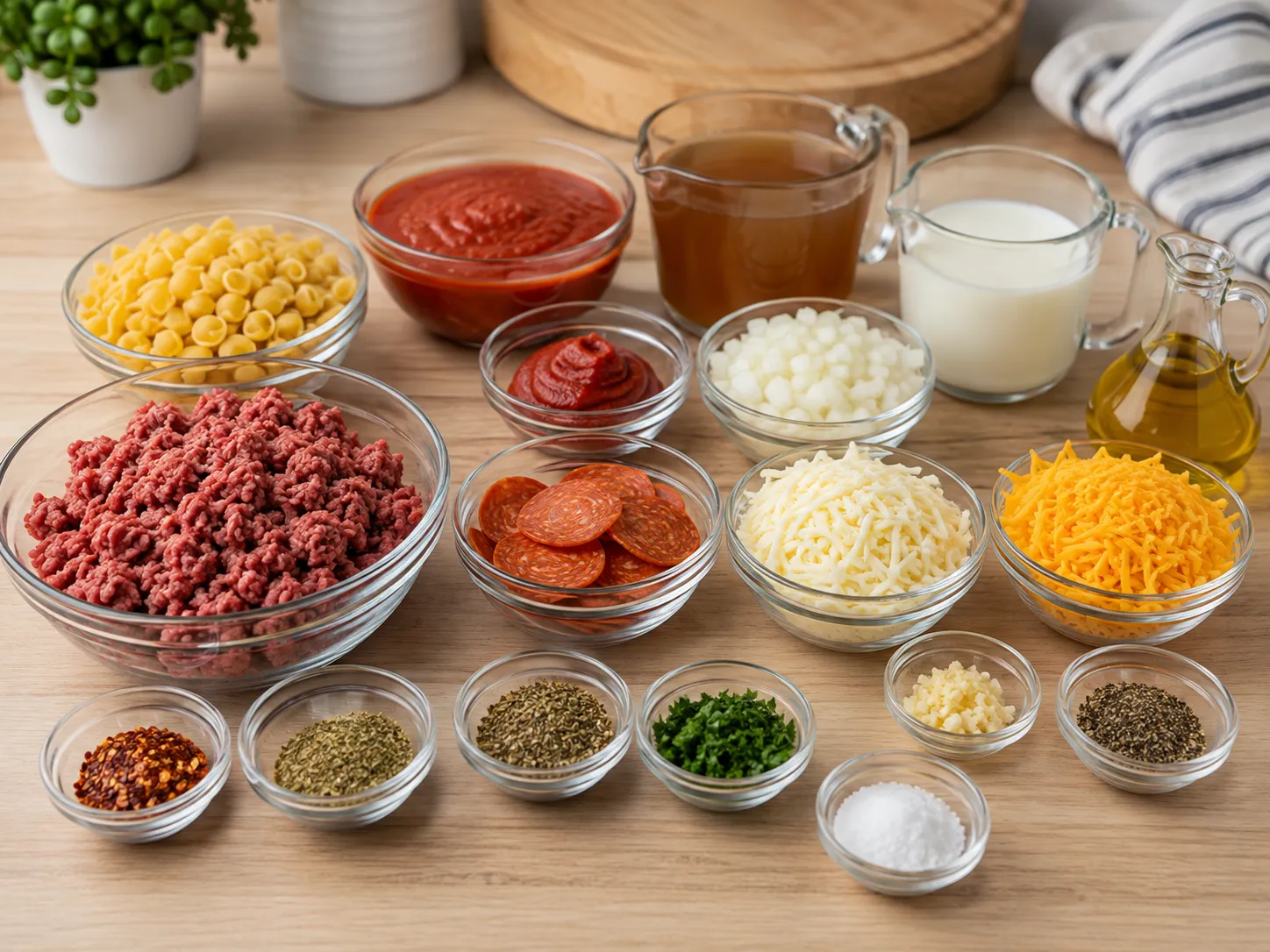 Ingredients for Cheesy Pizza Hamburger Helper on a wooden surface