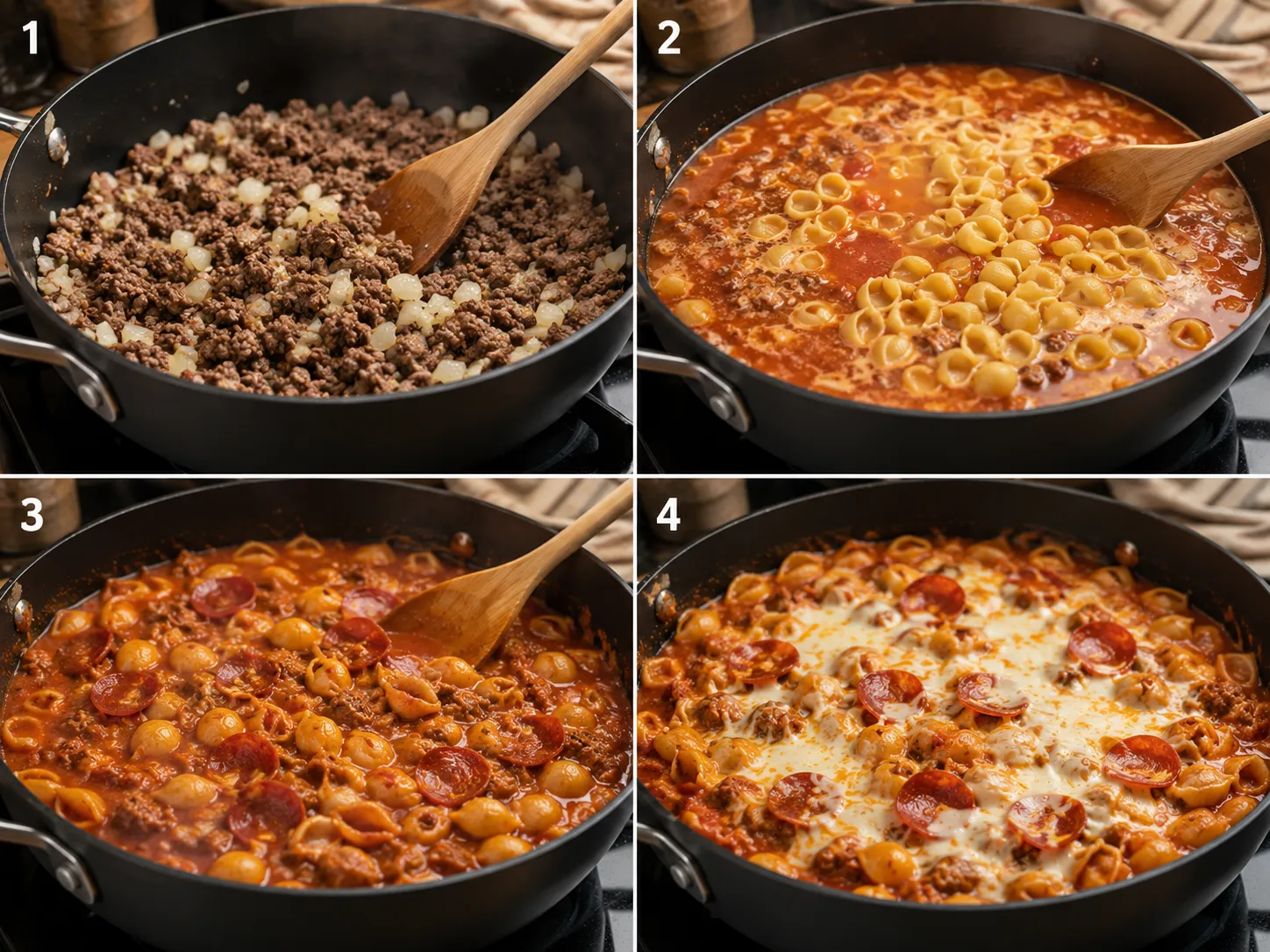 Four cooking steps for cheesy pizza beef pasta in a skillet