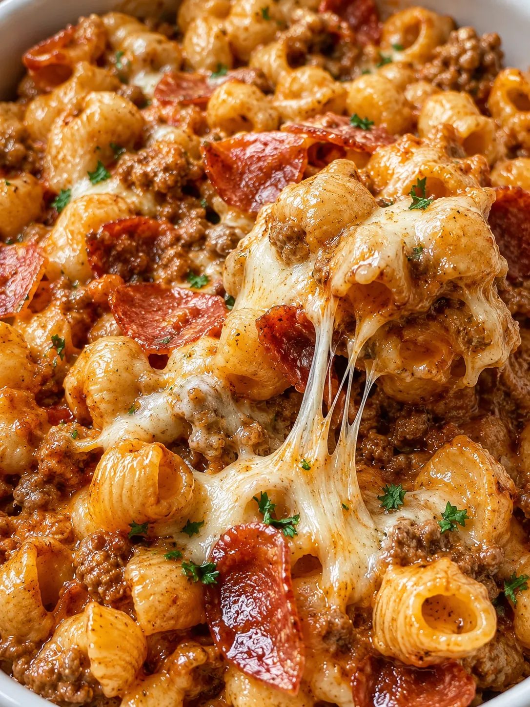Cheesy pizza beef pasta with pepperoni and melted mozzarella
