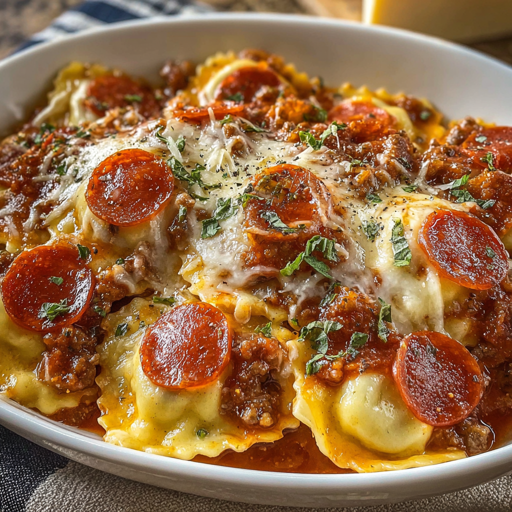 Cheesy Pizza Ravioli Bake with Italian Sausage