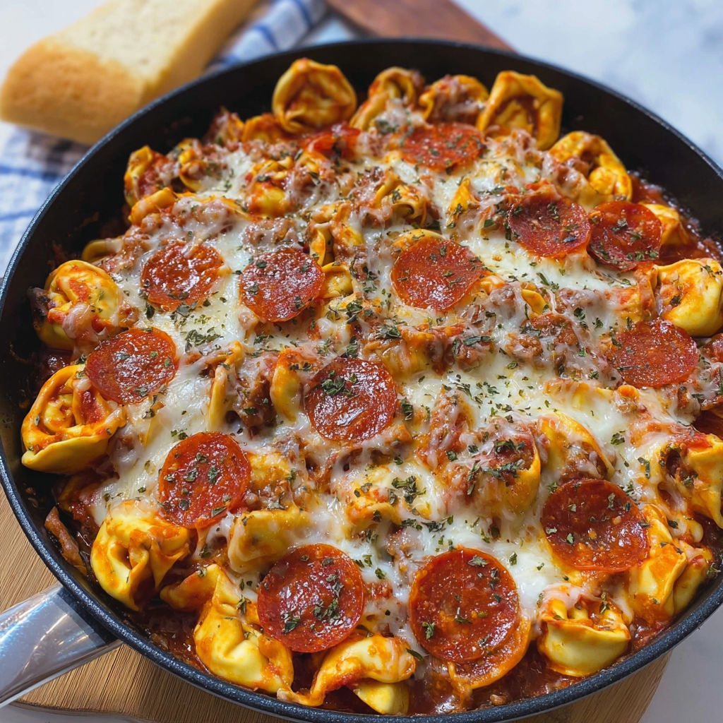 Cheesy Pizza Tortellini One Pan Skillet Dinner