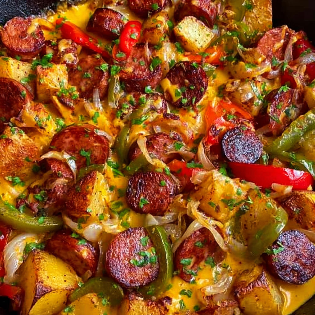 Cheesy Potato and Kielbasa Skillet with Bell Peppers