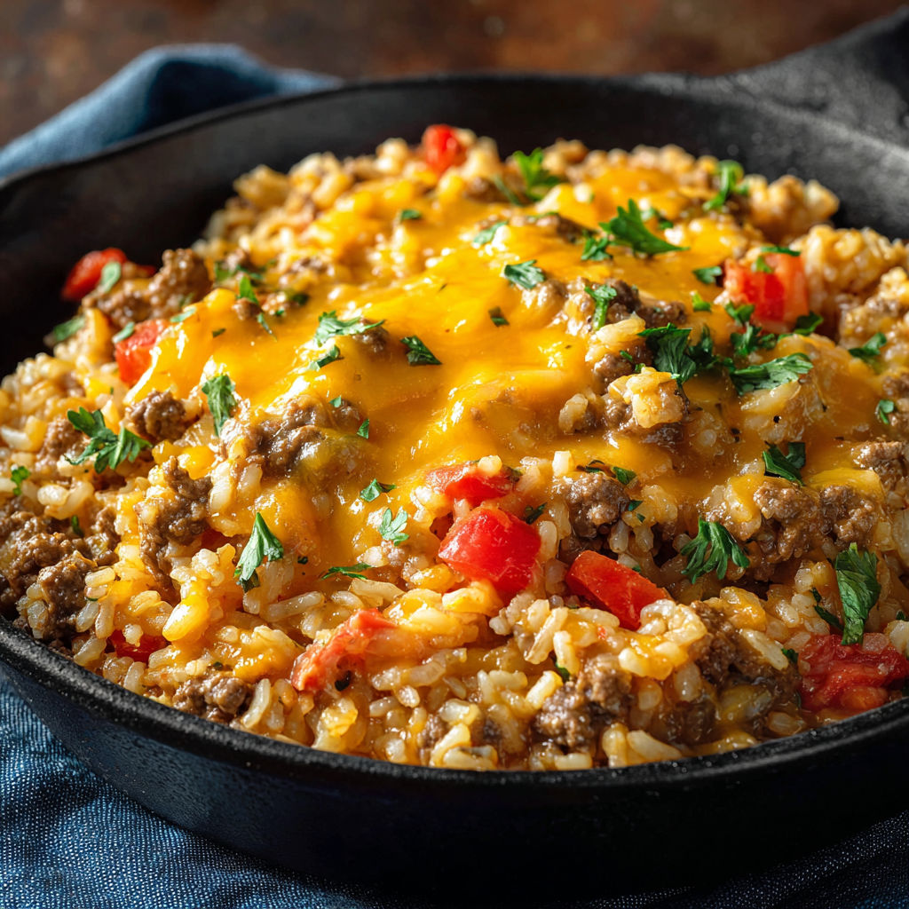 Cheesy Queso Ground Beef Rice One-Pan Dinner