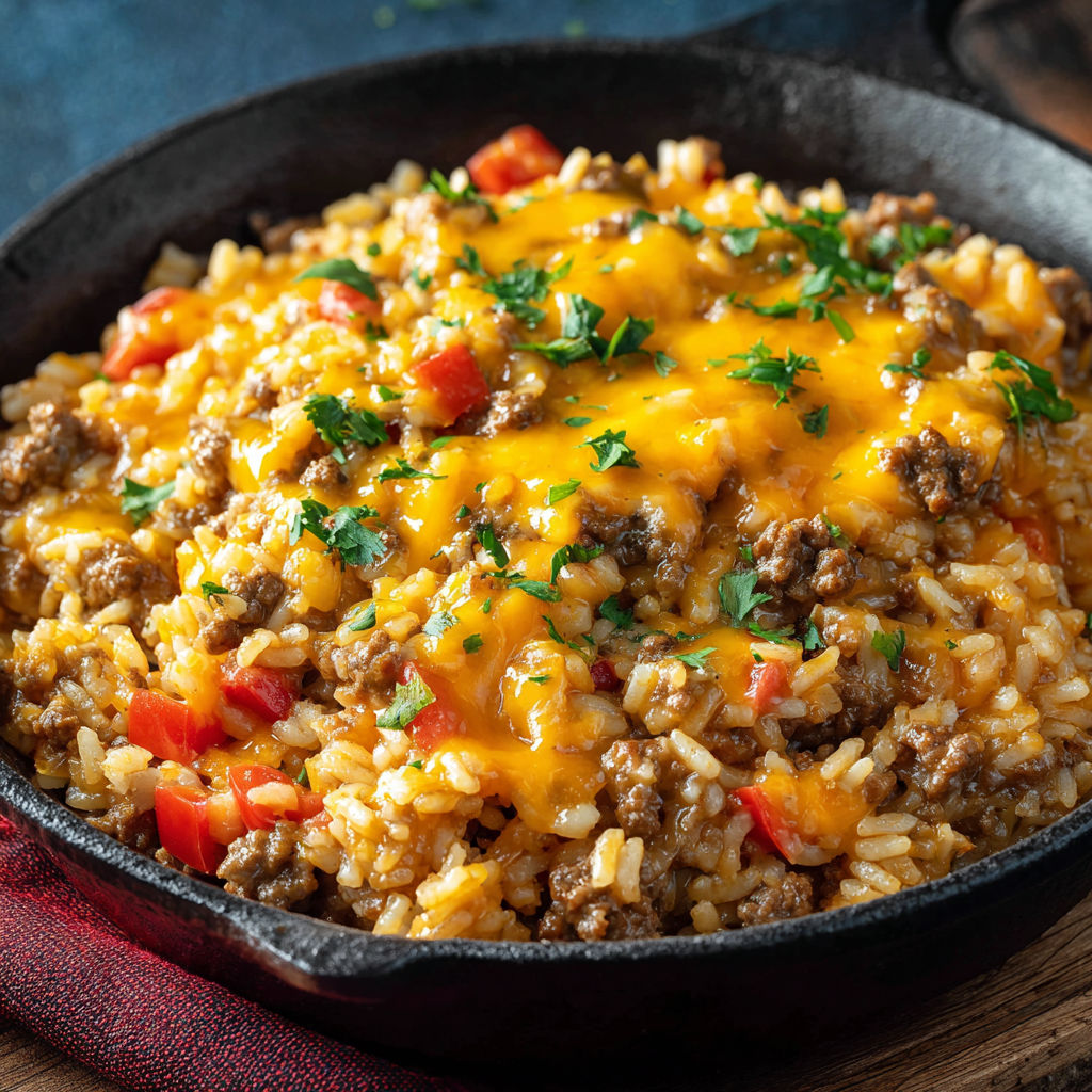 Cheesy Queso Ground Beef Rice One-Pan Dinner