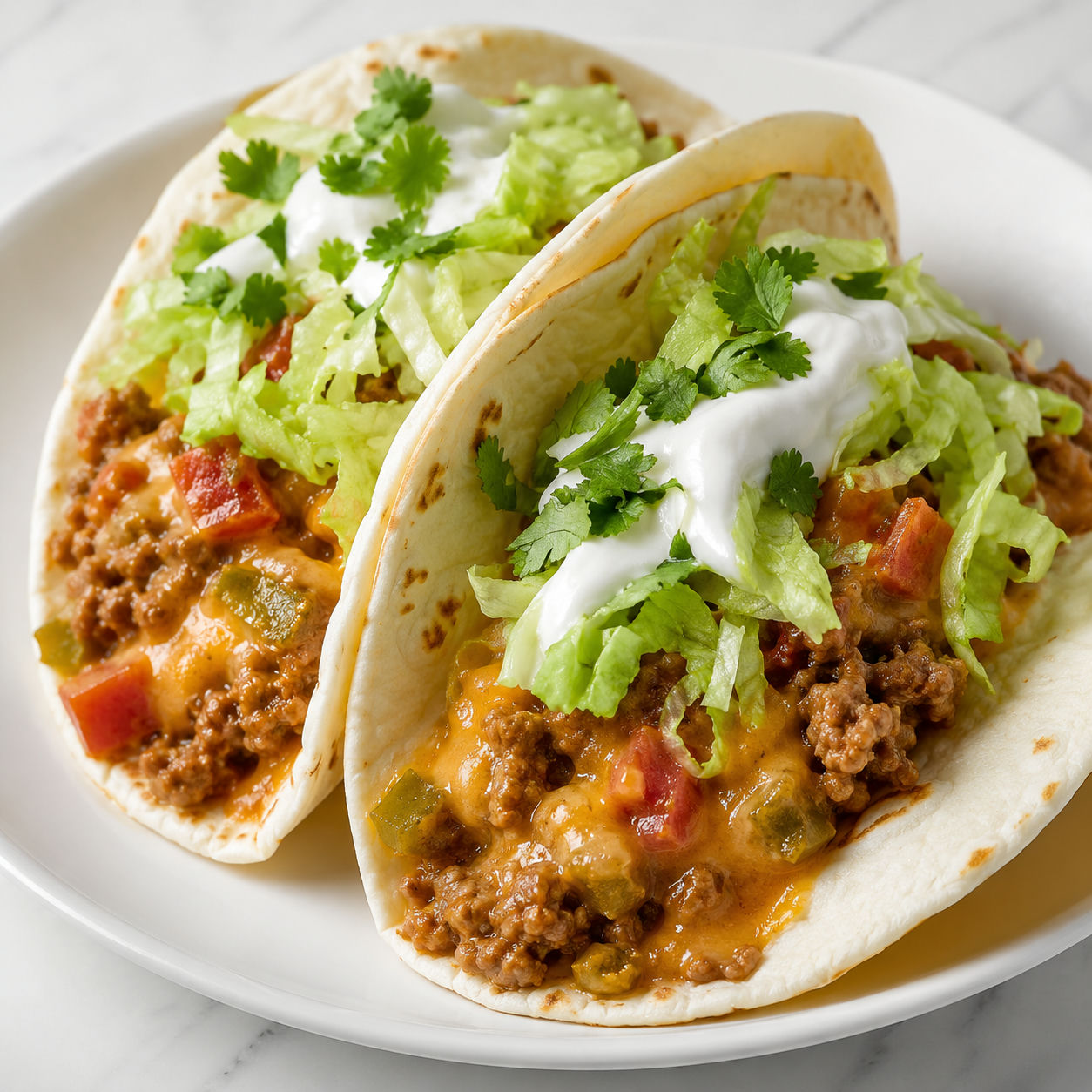 Cheesy Rotel beef tacos in soft tortillas with lettuce and sour cream
