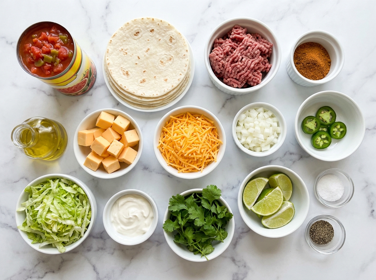 Ingredients for cheesy Rotel beef tacos with tortillas, cheese, and toppings