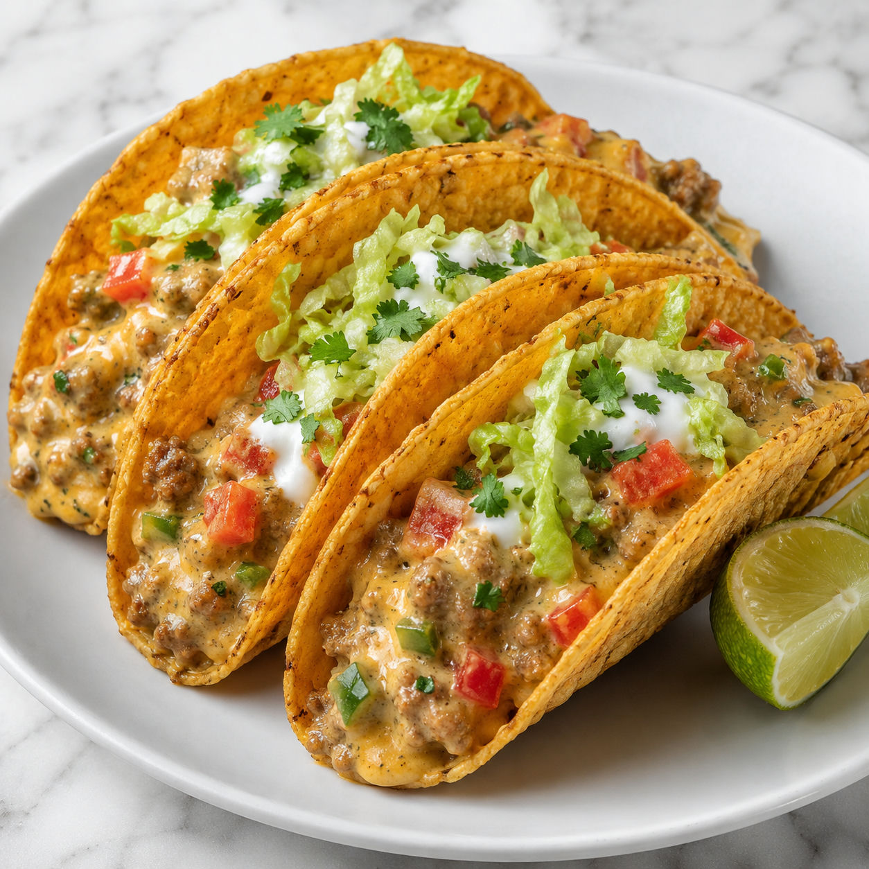 Cheesy Rotel beef tacos with lettuce, sour cream, cilantro, and lime