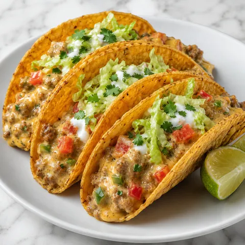 Cheesy Rotel beef tacos with lettuce, sour cream, cilantro, and lime