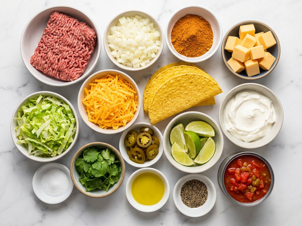 Ingredients for Cheesy Rotel beef tacos with beef, cheese, shells, and toppings