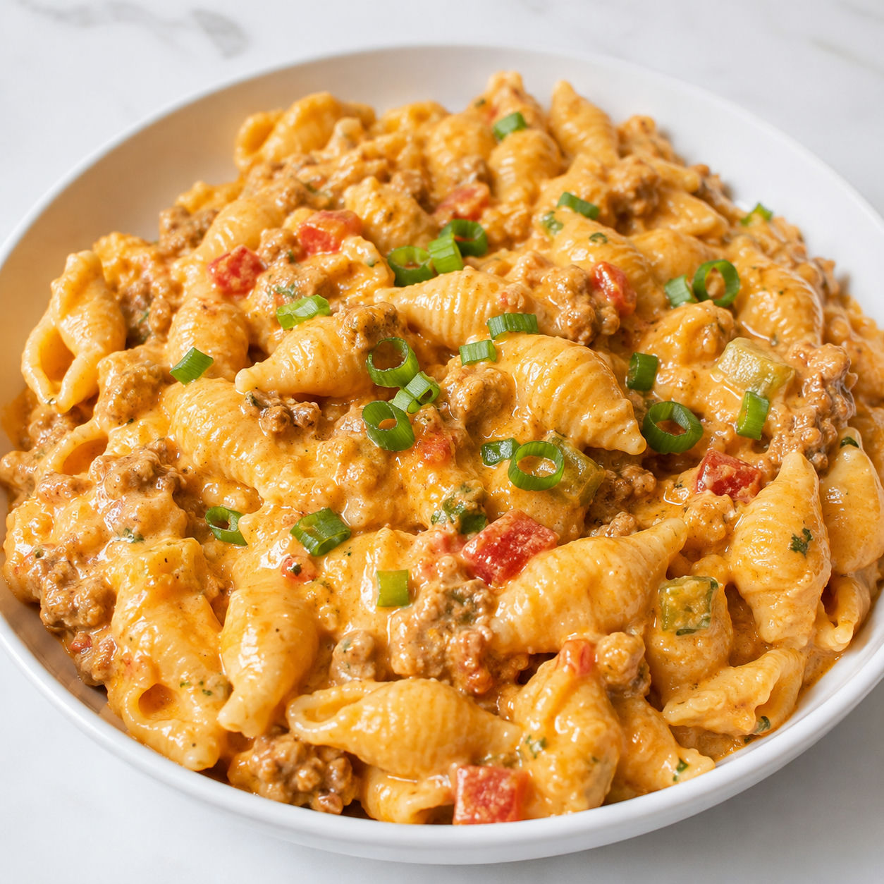 Cheesy Rotel pasta with ground beef, green onion, and creamy sauce
