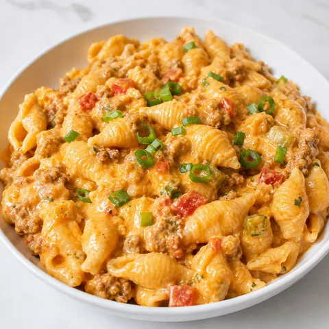 Cheesy Rotel pasta with ground beef, green onion, and creamy sauce