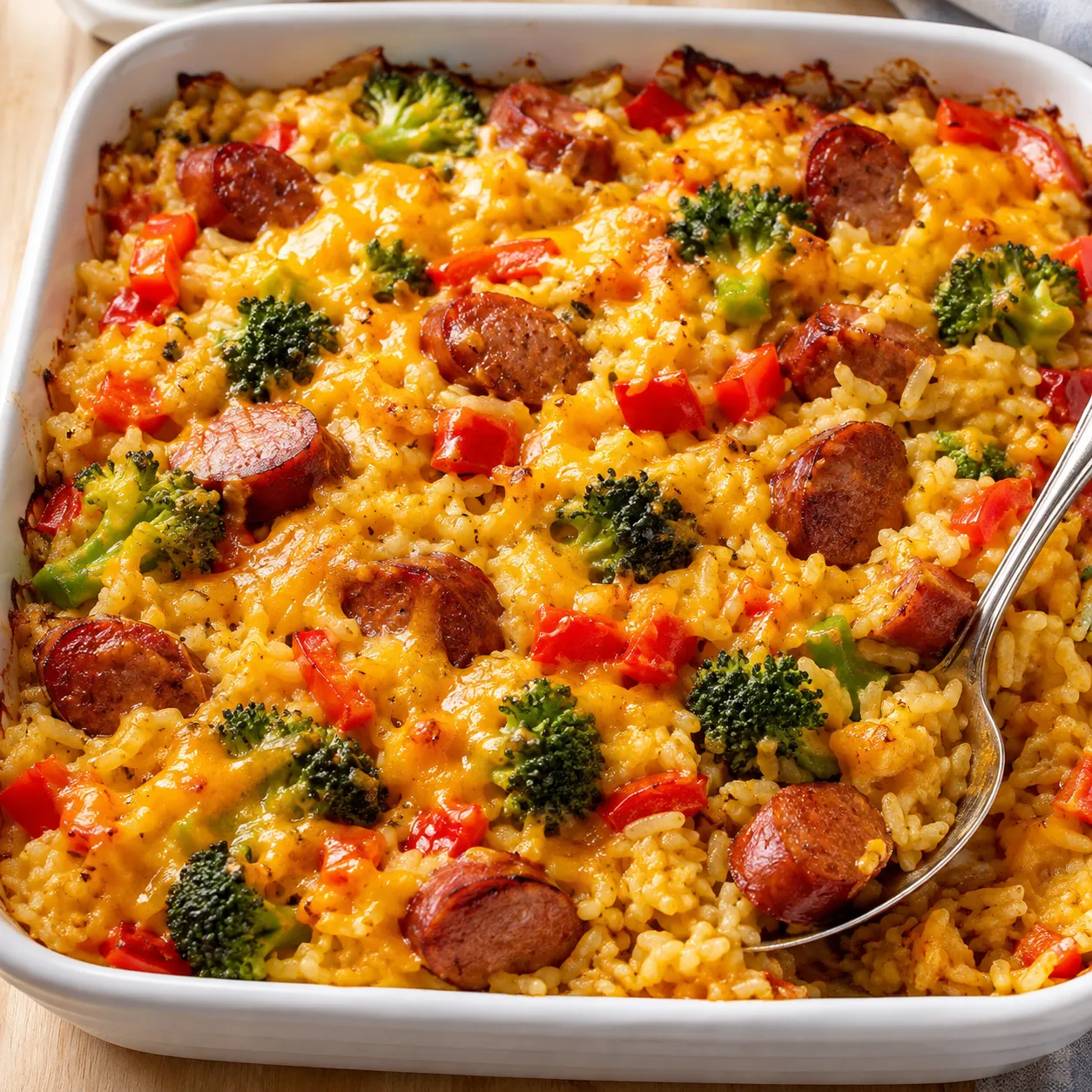 Cheesy sausage rice casserole with broccoli and golden cheddar top