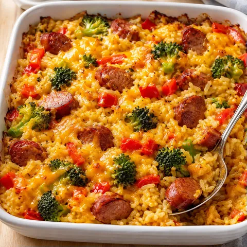 Cheesy sausage rice casserole with broccoli and golden cheddar top