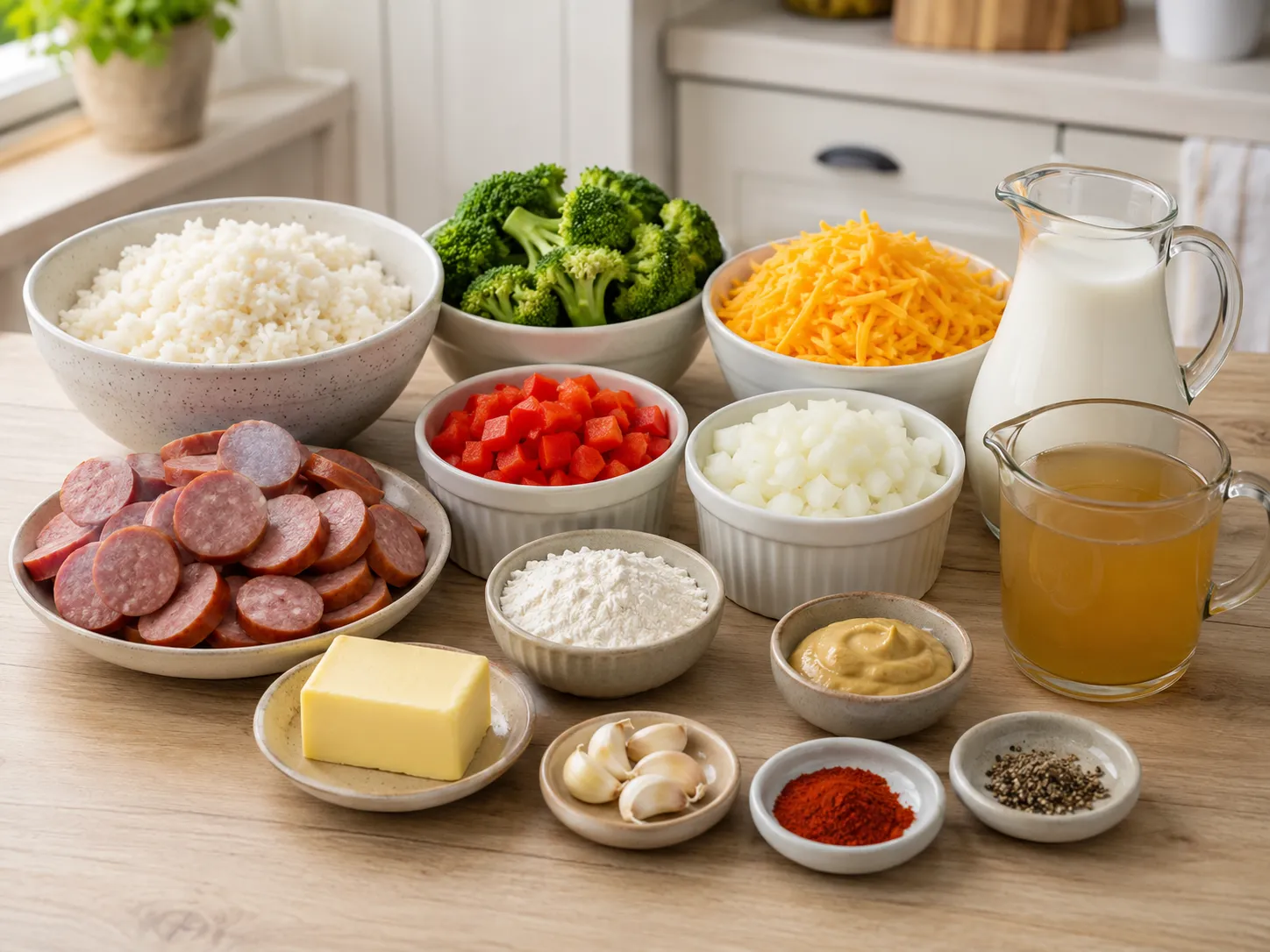 Ingredients for cheesy sausage rice casserole with rice, sausage, broccoli, and cheddar