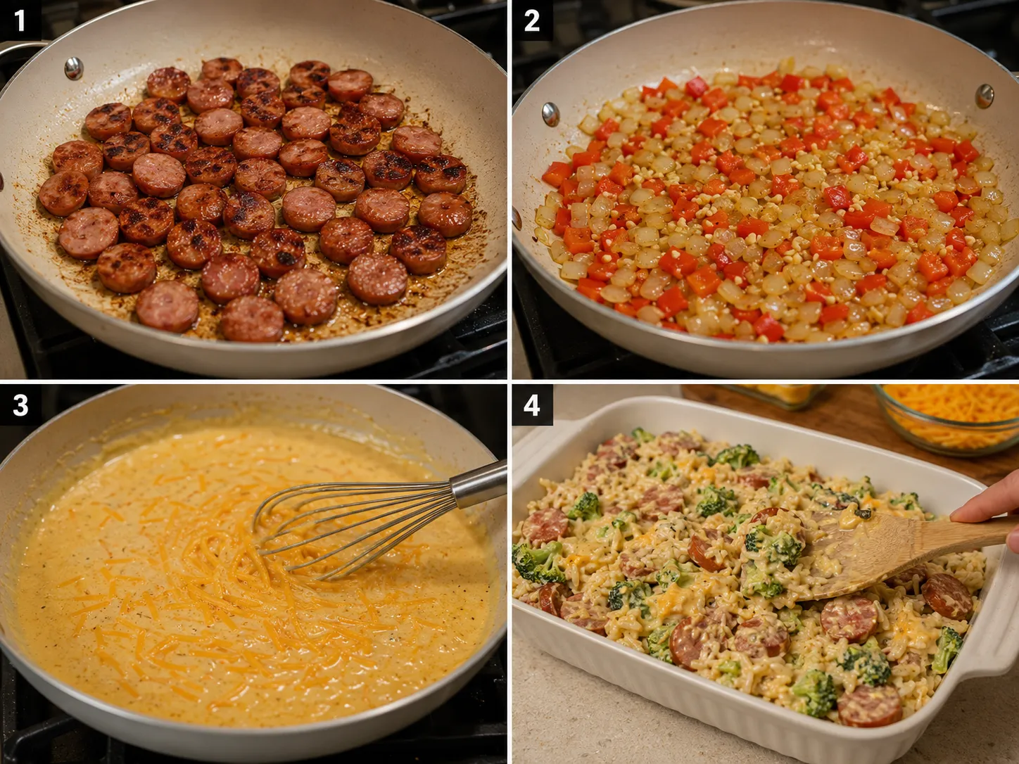 Four steps for making cheesy sausage rice casserole in a home kitchen