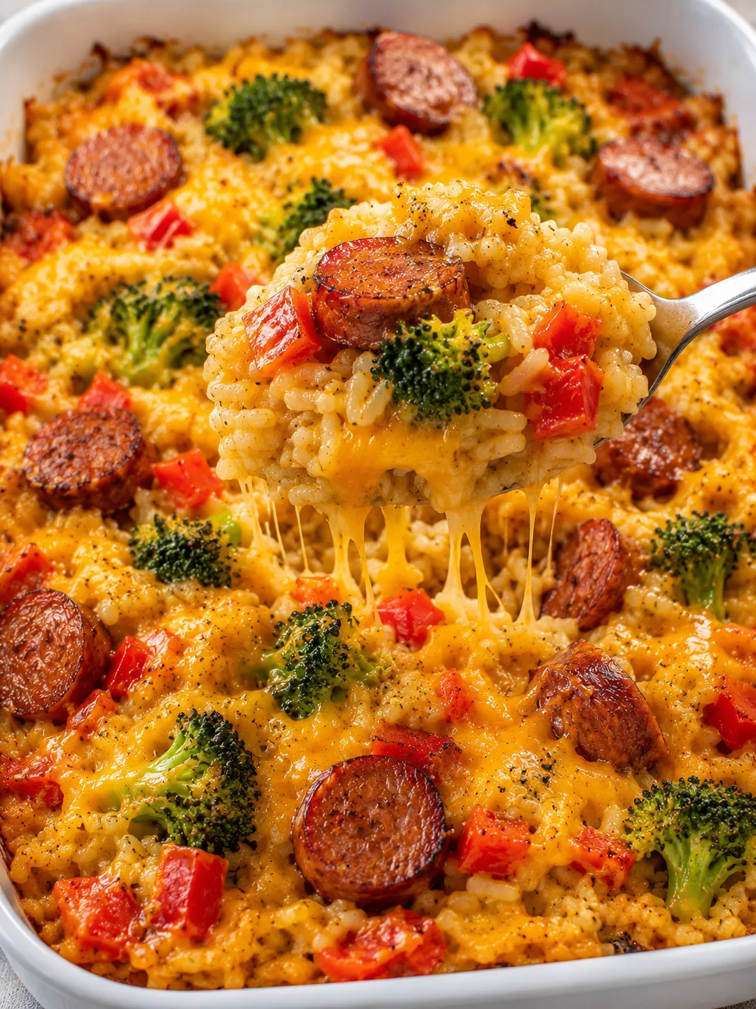 Cheesy sausage rice casserole spooned from a baking dish with melted cheddar