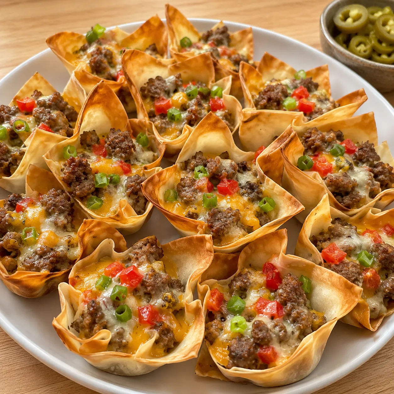 Cheesy sausage wonton cups with peppers and green onions on a platter